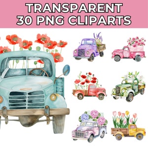 30 Vintage Floral Truck Clipart Bundle | High-Quality Printable Watercolor PNGs | Perfect for Paper Crafts & Junk Journals