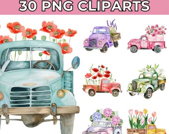 30 Vintage Floral Truck Clipart Bundle | High-Quality Printable Watercolor PNGs | Perfect for Paper Crafts & Junk Journals