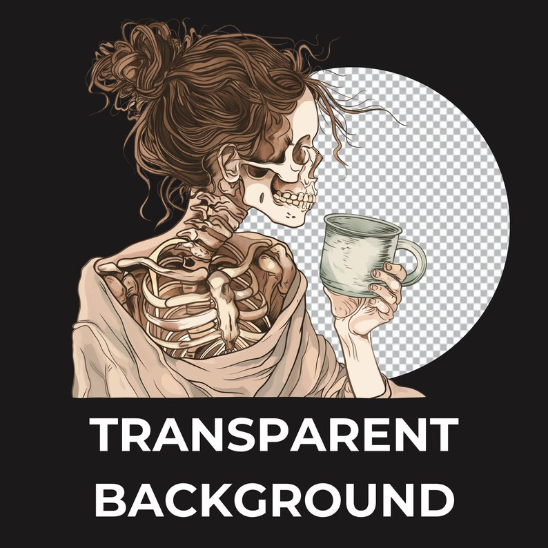May include: A skeleton with long brown hair in a bun, wearing a beige robe, holds a white mug with a handle. The background is a transparent circle.