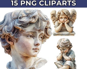 Watercolor Roman Statue Clipart: Vintage Scrapbook PNG Images