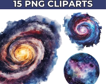 Watercolor Galaxy Clipart Bundle: Space Planets & Astronaut PNG Graphics