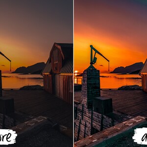 May include: A before and after image showing the difference in color and contrast of a photo. The before image is dark and muted, while the after image is bright and vibrant. The image shows a wooden building with a crane on a dock overlooking a body of water at sunset.