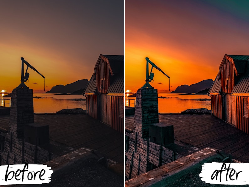 May include: A before and after image showing the difference in color and contrast of a photo. The before image is dark and muted, while the after image is bright and vibrant. The image shows a wooden building with a crane on a dock overlooking a body of water at sunset.