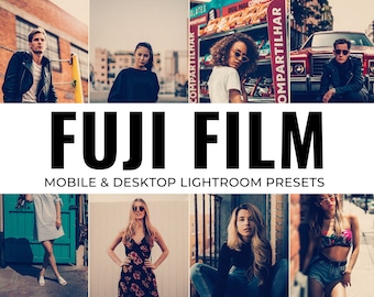 May include: A collage of images featuring people and urban scenes, with the text "FUJI FILM" and "MOBILE & DESKTOP LIGHTROOM PRESETS" in bold, black letters.