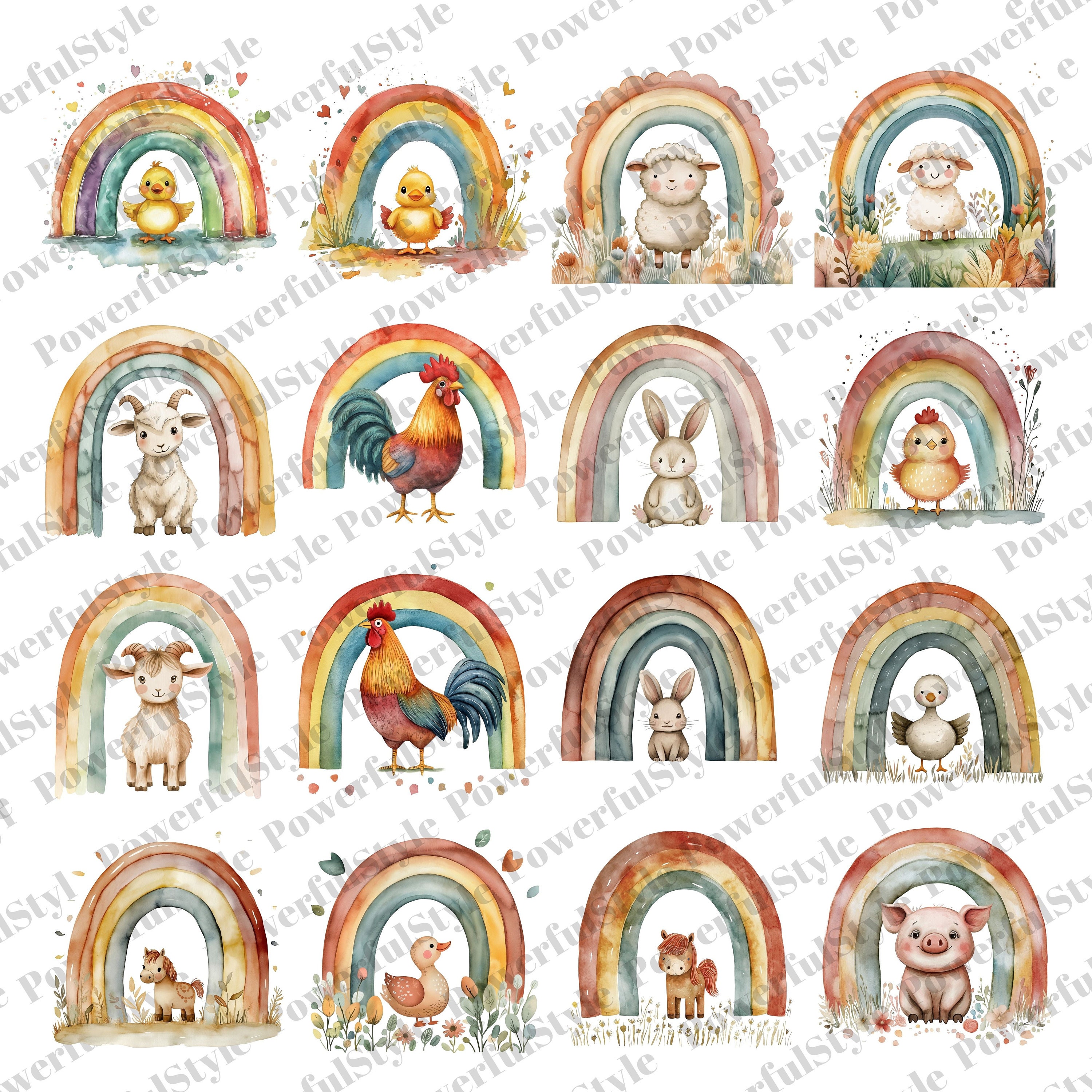 24 Rainbow Watercolor Cute Animals Clipart Cute Animal PNG Watercolor ...