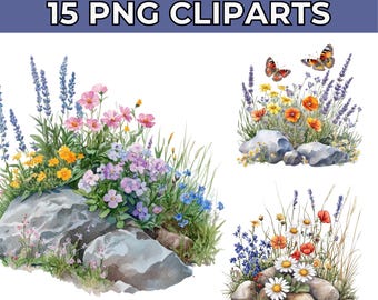 Wildflower Clipart: Watercolor Flowers on Stones (Digital Download)