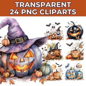 May include: A set of 24 Halloween-themed digital clipart images featuring watercolor illustrations of pumpkins, ghosts, bats, and witches' hats. The pumpkins are carved with spooky faces and have glowing eyes. The images are perfect for creating Halloween-themed crafts, cards, and decorations.