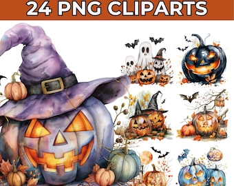 May include: A set of 24 Halloween-themed digital clipart images featuring watercolor illustrations of pumpkins, ghosts, bats, and witches' hats. The pumpkins are carved with spooky faces and have glowing eyes. The images are perfect for creating Halloween-themed crafts, cards, and decorations.