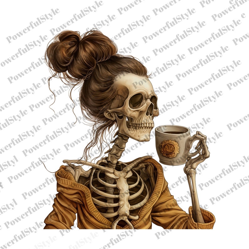 May include: A skeleton with a bun in their hair is wearing a brown sweater and holding a coffee mug. The mug has a gold rim and a gold design on the side.