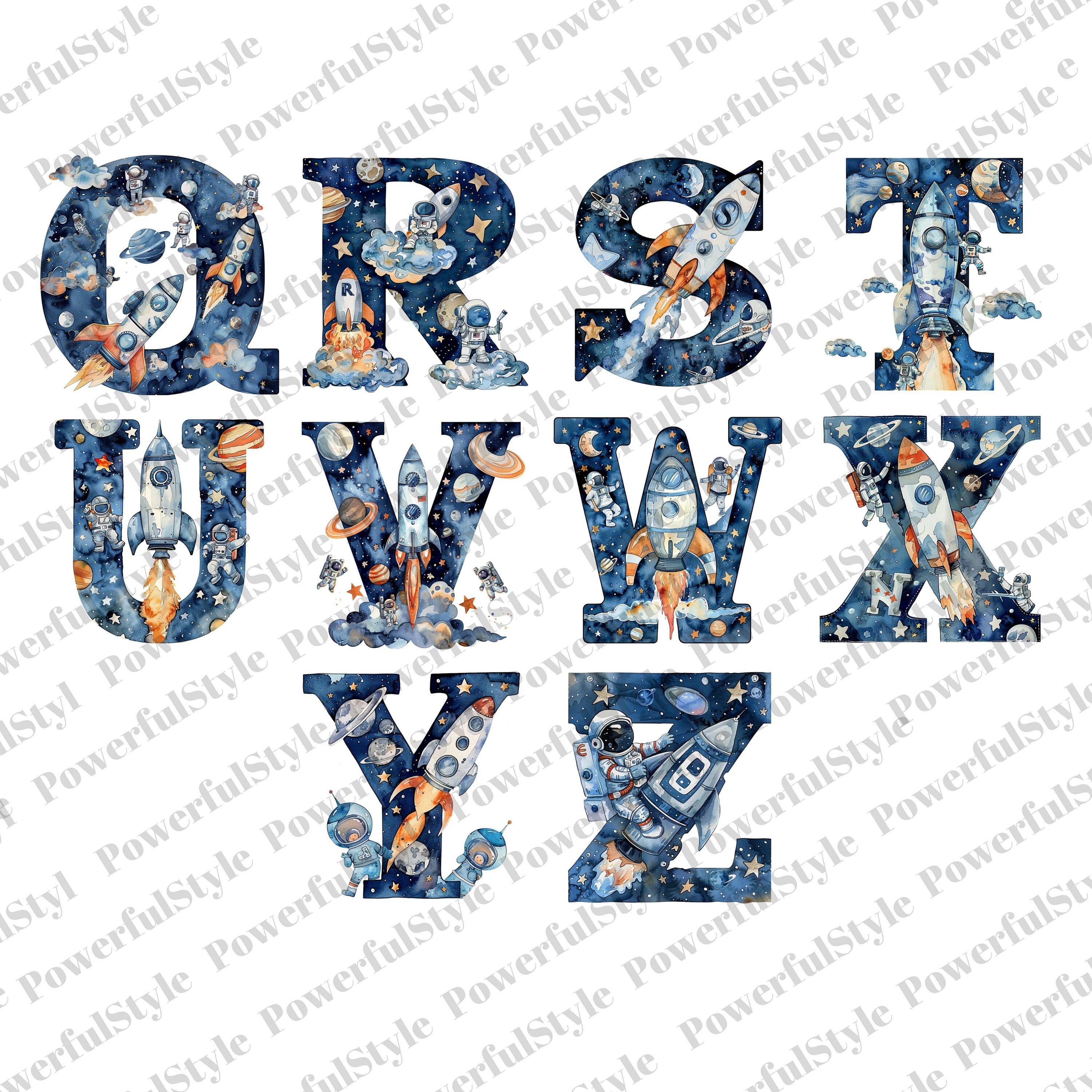 Cup Rocket Lettering Watercolor Space Alphabet A-Z Clipart Bundle | Space, Astronaut, and ...