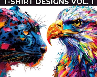 May include: A colorful abstract design of a leopard and an eagle facing each other. The animals are rendered in a vibrant, multi-colored style with splashes of paint.