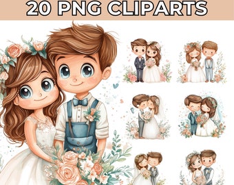 20 Cute Wedding Clipart Bundle Pastel Watercolor Marriage Graphics PNG Bride and Groom Illustrations for Commercial Use Digital Wedding Art