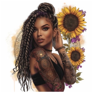 Starke schwarze Frauen Inspiration Sublimation PNG - Schwarzes Mädchen Talentierter Digitaler Download - Sonnenblume Schwarze Königin PNG mit Afro Haar