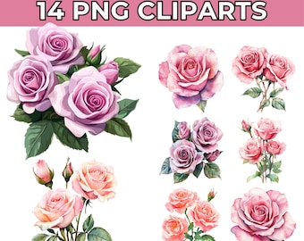 Pink Roses Watercolor Clipart: PNG & JPG, Floral Bouquet (Digital Download)