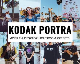 May include: A collage of images showcasing the Kodak Portra mobile and desktop Lightroom presets. The images feature people in various settings, including a Ferris wheel, a skate park, and a city street. The presets give the images a warm, vintage look.