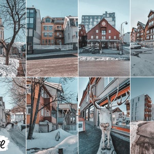 May include: A collage of nine images showcasing various buildings and streets in a snowy town. The images feature a church, a red building with a sign that says "Sjokoladebutikk", and a reindeer statue.