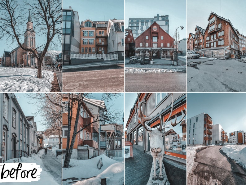 May include: A collage of nine images showcasing various buildings and streets in a snowy town. The images feature a church, a red building with a sign that says "Sjokoladebutikk", and a reindeer statue.