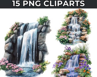 Floral Garden Waterfall Clipart: Watercolor PNGs (Digital Download)