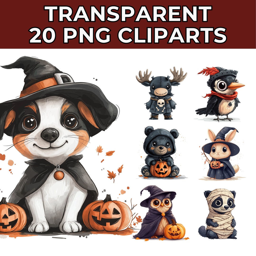 Watercolor Halloween Animals Collection Clipart 20 PNG Cute Halloween ...