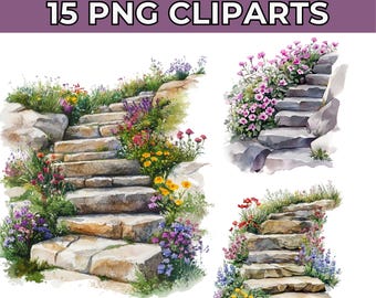Floral Stone Stairs Watercolor Clipart: Old Stairs JPGs (Digital Download)