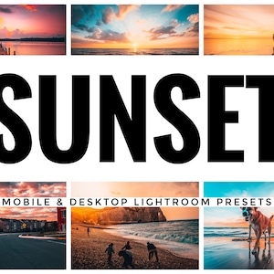 以下が含まれることがあります： 夕焼けの写真のコラージュで、太字の黒い文字で「SUNSET」と、白い文字で「MOBILE & DESKTOP LIGHTROOM PRESETS」と書かれています。