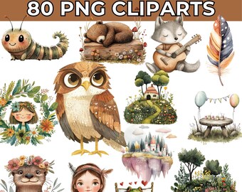 80 aquarel cottagecore-clipart: png-afbeeldingen rustieke ziel (digitale download)