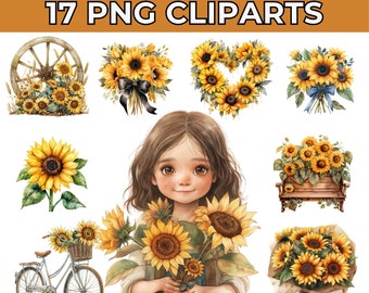 Sunflower PNG Clipart: Watercolor Floral Bouquets, Sunflower Wreaths for Nursery Decor, Girl's Room Designs, Instant Digital Download