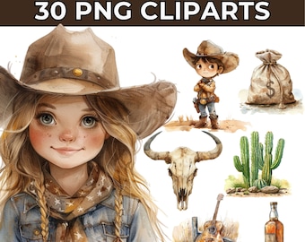 Acuarela Western Clipart / Texas Horse Cowboy Bundle Formato PNG / Descarga instantánea / Para uso comercial