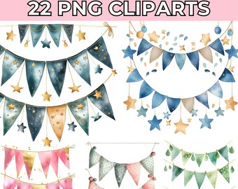 Party Bunting Clipart, Elegant Golden Garland Printable Watercolor Clipart, High Quality PNGs for Digital Download, Paper Crafts