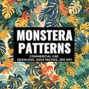 May include: Four seamless digital patterns featuring a tropical monstera leaf design in shades of green, yellow, orange, and red. The patterns are 12x12 inches and 300 DPI. The text "Monstera Patterns" and "Commercial Use" is displayed on a black background.