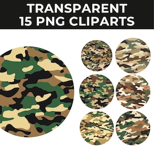 Może przedstawiać: Zestaw 15 cyfrowych wzorów kamuflażu w kolorze zielonym, brązowym i beżowym. Wzory mają kształt koła i idealnie nadają się do projektów rękodzieła, scrapbookingu i projektowania cyfrowego.
