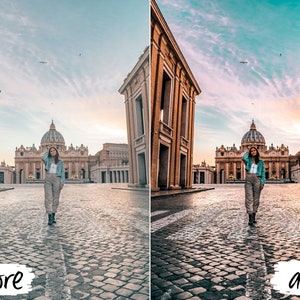 May include: A woman in a blue denim jacket and khaki pants stands in the middle of a cobblestone street in front of a large building with a dome. The sky is a light blue with pink and orange clouds. The image is split into two sections, with the left side showing the original image and the right side showing the edited image. The text "before" is written on the left side and the text "after" is written on the right side.
