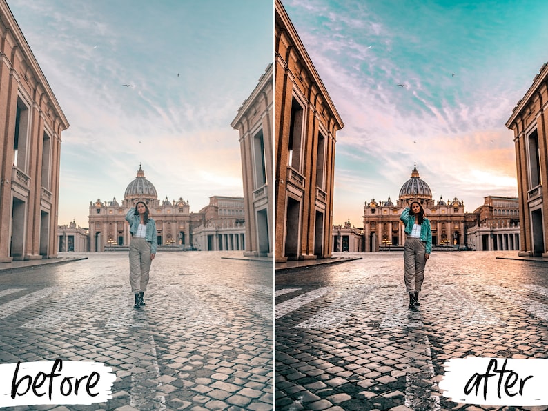 May include: A woman in a blue denim jacket and khaki pants stands in the middle of a cobblestone street in front of a large building with a dome. The sky is a light blue with pink and orange clouds. The image is split into two sections, with the left side showing the original image and the right side showing the edited image. The text "before" is written on the left side and the text "after" is written on the right side.