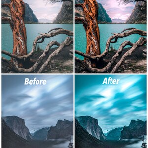 May include: A before and after image showing the effects of photo editing. The before image shows a lake with mountains in the background, a tree with branches in the foreground, and a cloudy sky. The after image shows the same scene with a more vibrant blue sky, a more saturated blue lake, and a more dramatic lighting effect.