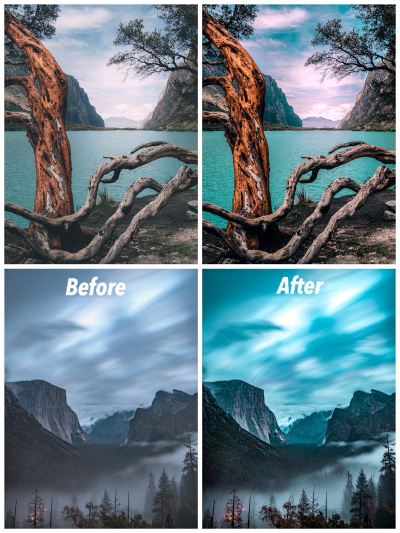 May include: A before and after image showing the effects of photo editing. The before image shows a lake with mountains in the background, a tree with branches in the foreground, and a cloudy sky. The after image shows the same scene with a more vibrant blue sky, a more saturated blue lake, and a more dramatic lighting effect.