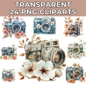 24 Vintage Floral Camera Clipart - Printable Watercolor Photo Camera - High Quality PNG Digital Downloads for Paper Craft and Junk Journals
