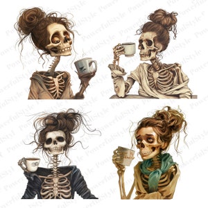 May include: Four digital illustrations of skeletons with human-like features, each holding a mug of coffee. The skeletons are dressed in casual clothing and have different hairstyles.