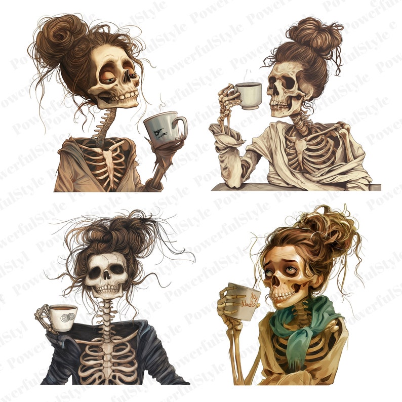 May include: Four digital illustrations of skeletons with human-like features, each holding a mug of coffee. The skeletons are dressed in casual clothing and have different hairstyles.