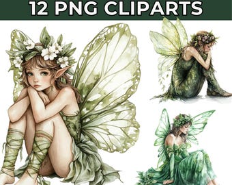 12 Forest Fairy Clipart, Green Fairies Clipart, Printable Watercolor clipart, High Quality PNGs, Digital download, Paper craft, journals