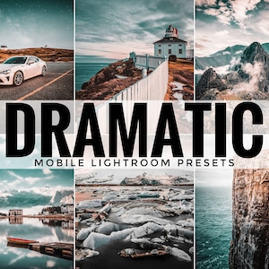 May include: A collage of six images showcasing the "Dramatic" mobile Lightroom presets. The images feature a white car, a lighthouse, a mountain range, a lake with a small boat, a glacier, and a cliff.