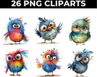 Imágenes prediseñadas de pájaros caprichosos, imágenes prediseñadas digitales de pájaros divertidos, imágenes prediseñadas de acuarela, PNG de alta calidad para manualidades imprimibles y descarga digital