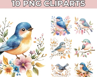 Scandinavian Birds Watercolor Clipart: Floral PNG Images (Digital Download)