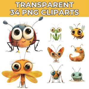 34 Funny Insects Clipart Bundle | Cute Caricature Animal PNGs | Watercolor Ladybugs, Ants, Cartoon Crickets & More for Scrapbooking