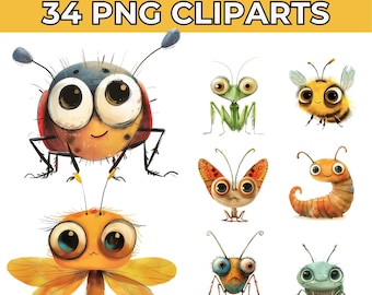 34 Funny Insects Clipart Bundle | Cute Caricature Animal PNGs | Watercolor Ladybugs, Ants, Cartoon Crickets & More for Scrapbooking