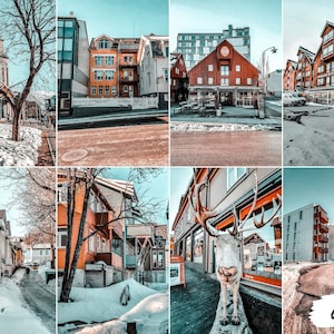 May include: A collage of images showing different views of a snowy town with colorful buildings. The images show a church, a cafe, a reindeer statue, and a street with snow-covered sidewalks.