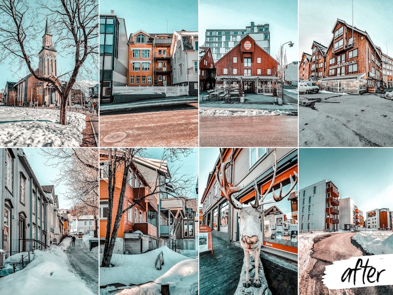 May include: A collage of images showing different views of a snowy town with colorful buildings. The images show a church, a cafe, a reindeer statue, and a street with snow-covered sidewalks.