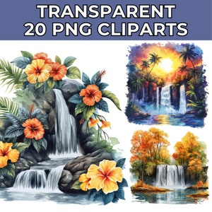 20 Watercolor Waterfalls Clipart | Spring Waterfall, Forest & Mountain Landscape Illustrations | Nature-Inspired Digital Download
