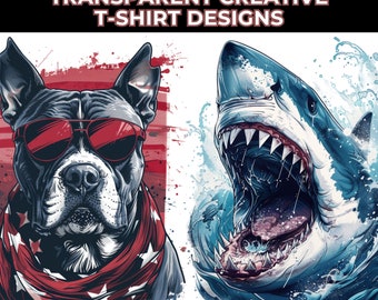 May include: Two graphic designs for t-shirts. The first design features a black and white illustration of a dog wearing sunglasses and a red, white, and blue bandana. The second design features a blue and white illustration of a shark with its mouth open, surrounded by water.