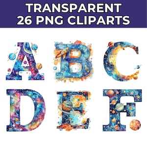 Pacote de clipart do alfabeto espacial em aquarela A-Z | Cartas de espaço, astronauta e foguete | Pacote Alfabeto Foguete | Download instantâneo PNG