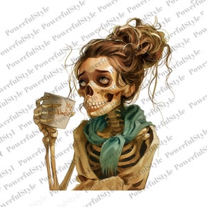 May include: A skeleton with brown hair in a messy bun, wearing a blue scarf, holding a white mug with the text "Joy" on it.